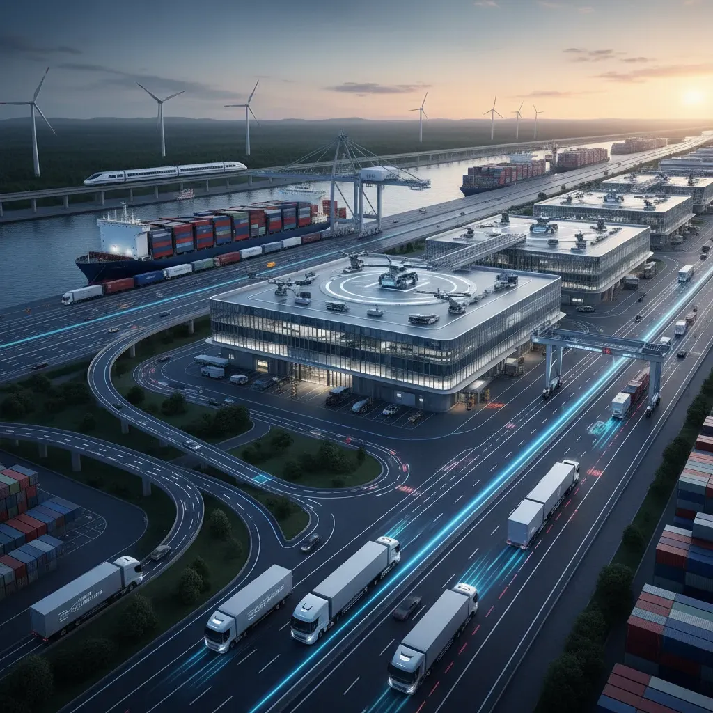 Nowoczesna fotografia transportowa: ciężarówki na autostradzie oraz kontenery w centrum logistycznym.