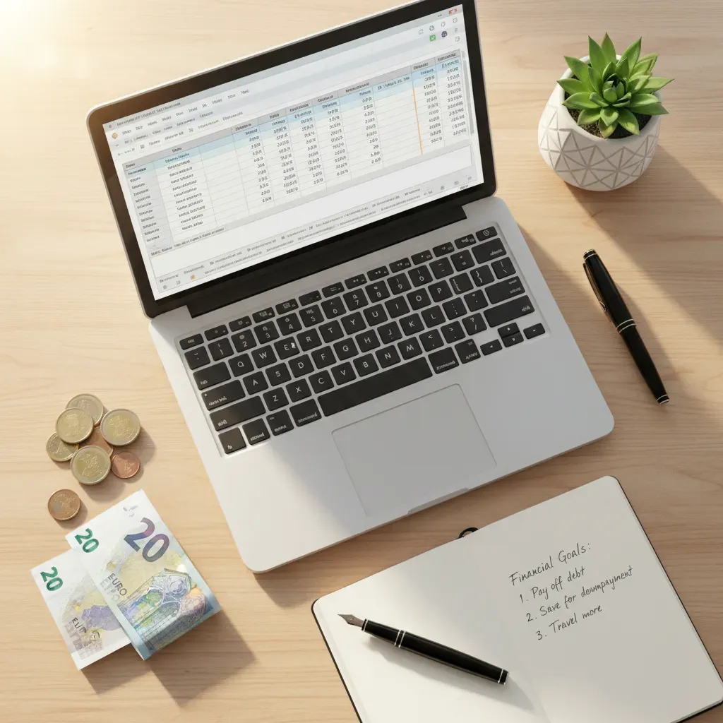 Organized desk with budget, savings, and investment elements