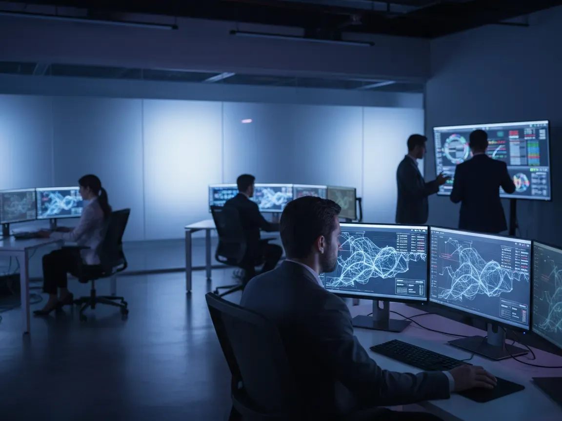 Nowoczesne laboratorium badawcze AI w fintechu. Naukowcy pracują w słabo oświetlonym biurze przy monitorach z sieciami neuronowymi i danymi finansowymi, niebies
