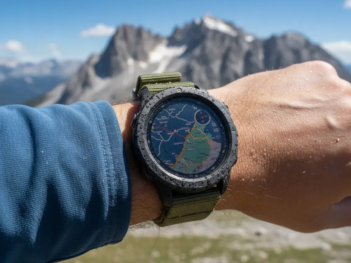 Zbliżenie na sportowy smartwatch na nadgarstku wędrowca z topograficzną mapą na jasnym ekranie, tle rozmytych alpejskich szczytów.