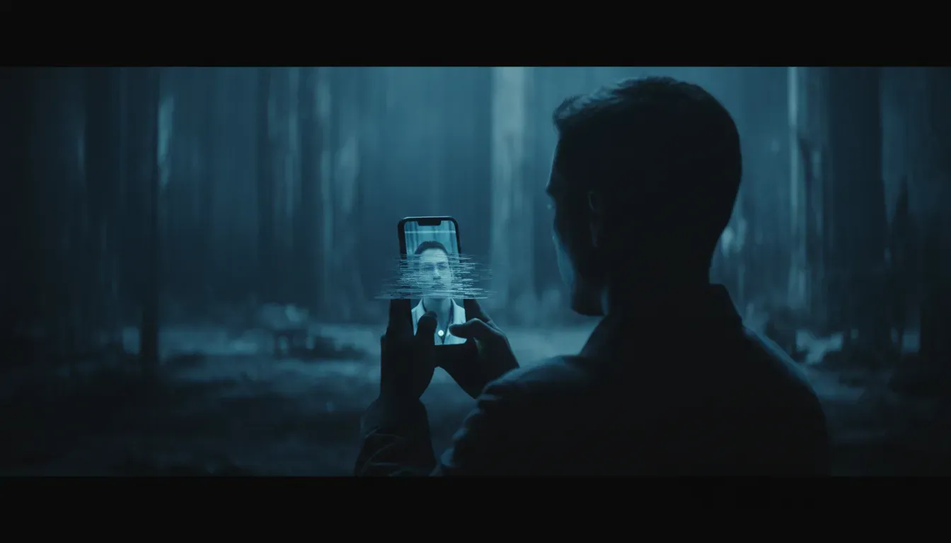 Osoba patrząca na smartfon z wideo rozmową, oświetlona niebieskim blaskiem, cyfrowe zakłócenia na ciemnym tle.