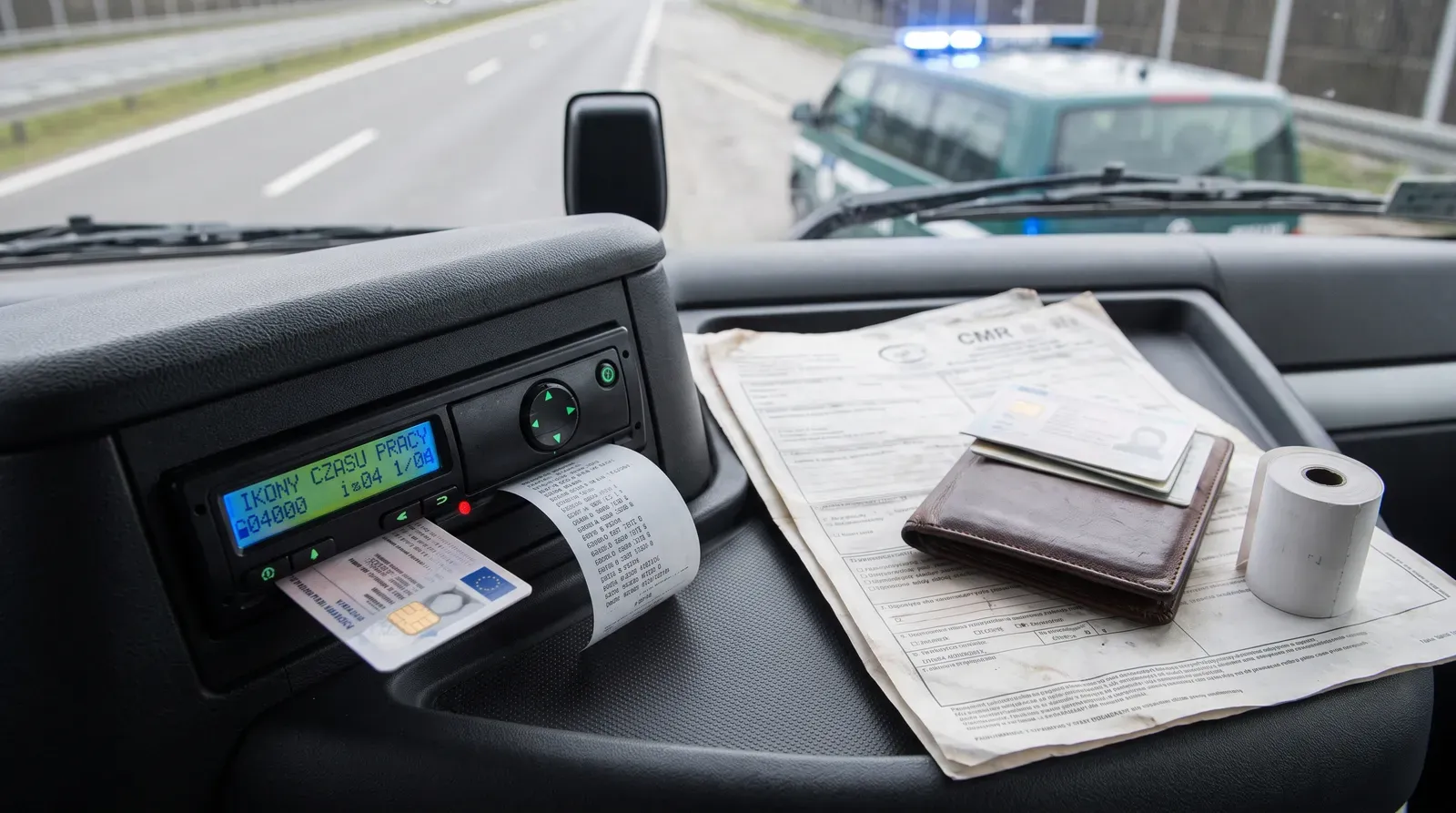 Zbliżenie na wnętrze kabiny ciężarówki, w której na desce rozdzielczej widoczny jest cyfrowy tachograf z częściowo włożoną kartą kierowcy oraz wysuwającym się wydrukiem papierowym. Obok, na płaskiej nawierzchni, leży plik dokumentów przewozowych (widoczny druk CMR), skórzany portfel z dokumentami oraz rolka papieru do tachografu. Przez przednią szybę pojazdu, w rozmyciu w tle, widać wielopasmową drogę oraz stojący na poboczu zielono-biały pojazd służb kontrolnych (inspekcji) z włączonymi niebieskimi sygnałami błyskowymi.