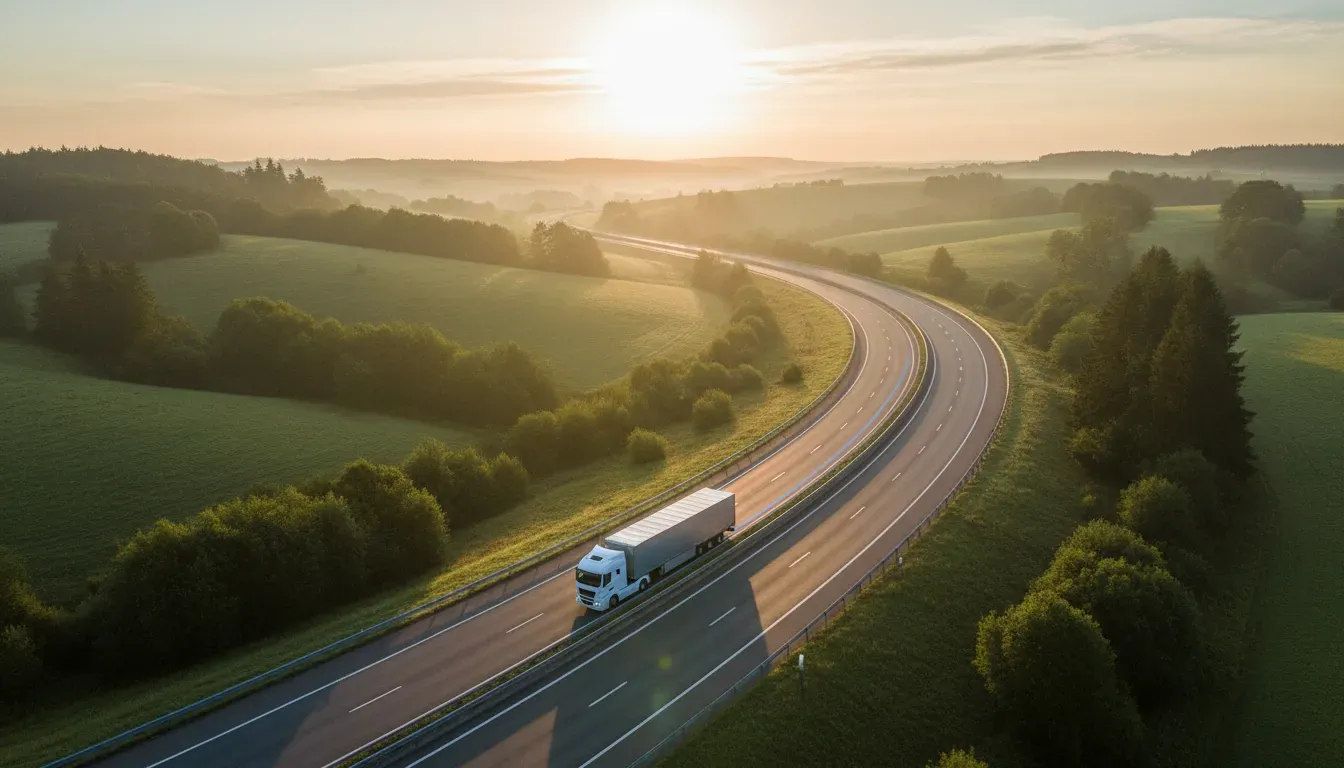 Szeroki lotniczy widok nowoczesnej ciężarówki jadącej krętą autostradą przez zielone wzgórza o wschodzie słońca, złote światło, fotorealistyczne.