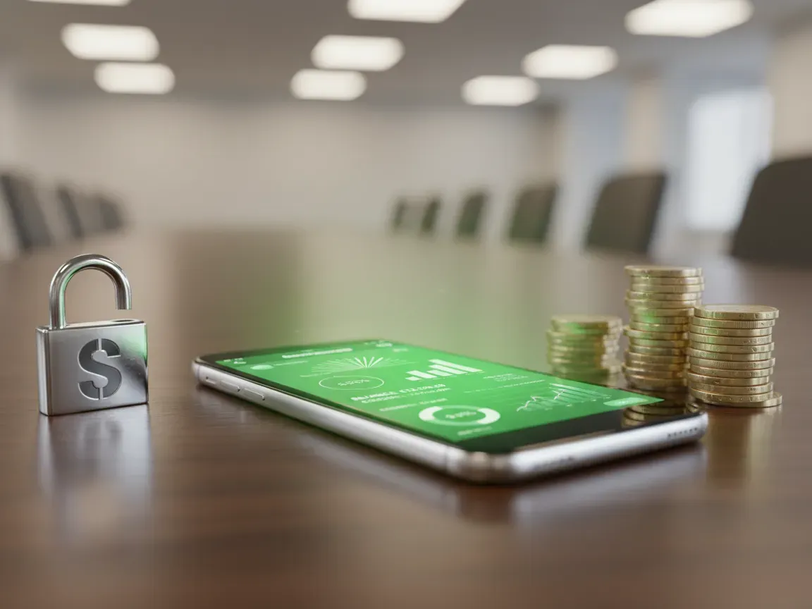 Smartfon z aplikacją bankową, kłódka i monety euro na drewnianym biurku w biurowym świetle.