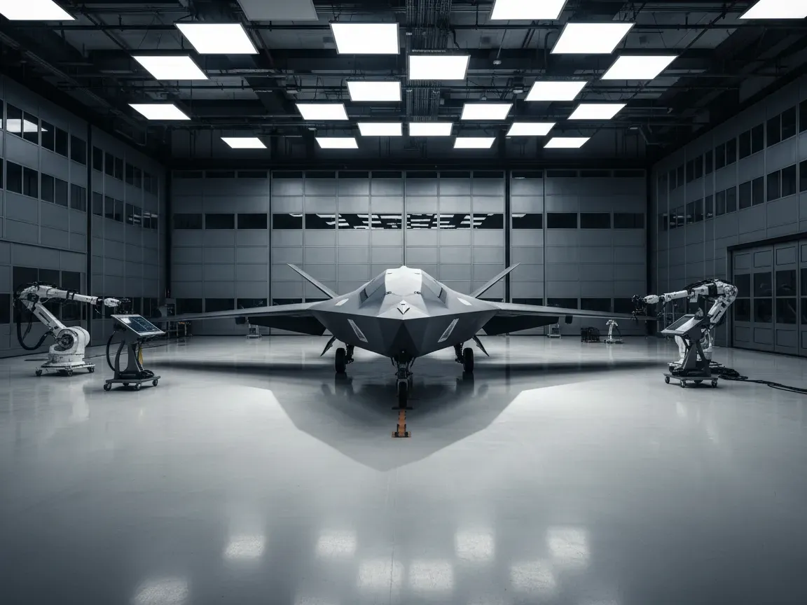 Zaawansowany dron bojowy stealth w nowoczesnym hangarze wojskowym, ciemnoszary kadłub i dramatyczne oświetlenie.