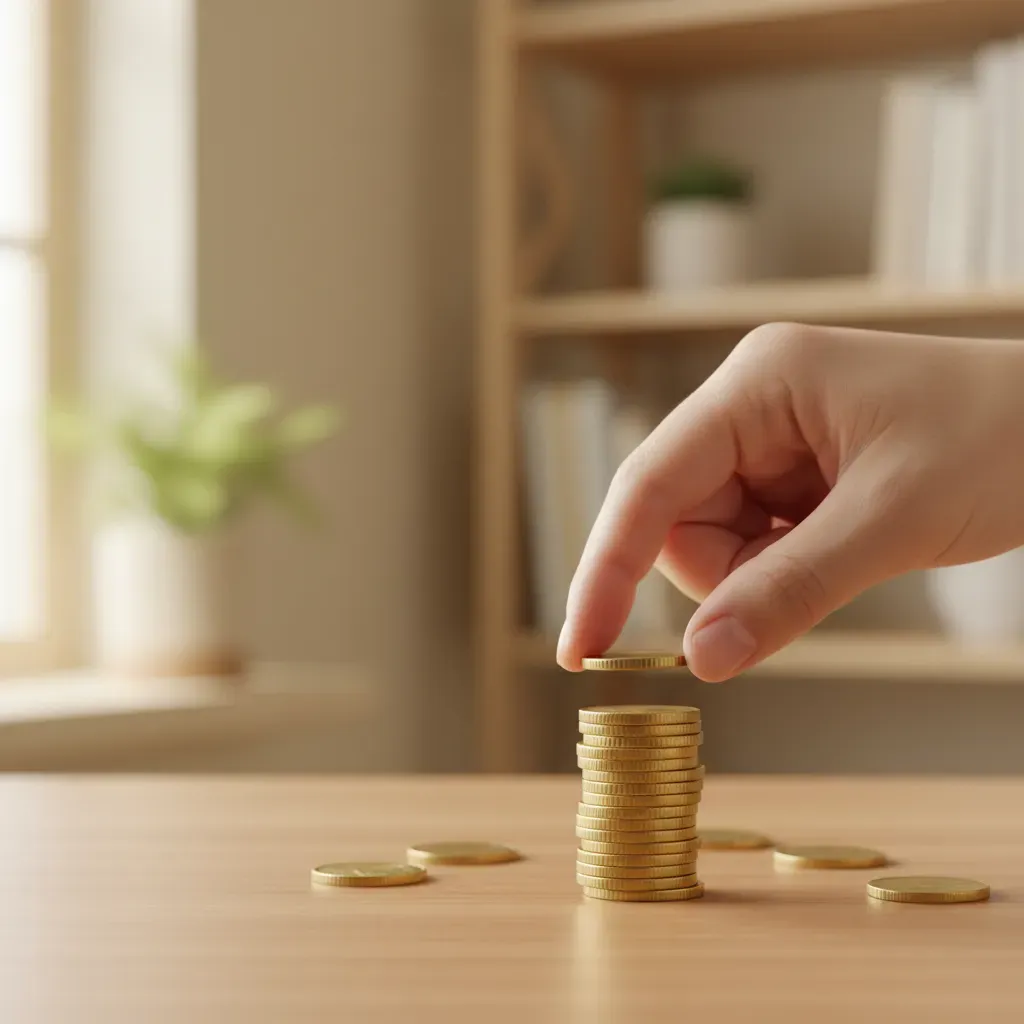 Dłoń kładąca monetę na stosie monet, symbolizująca budowanie poduszki finansowej.