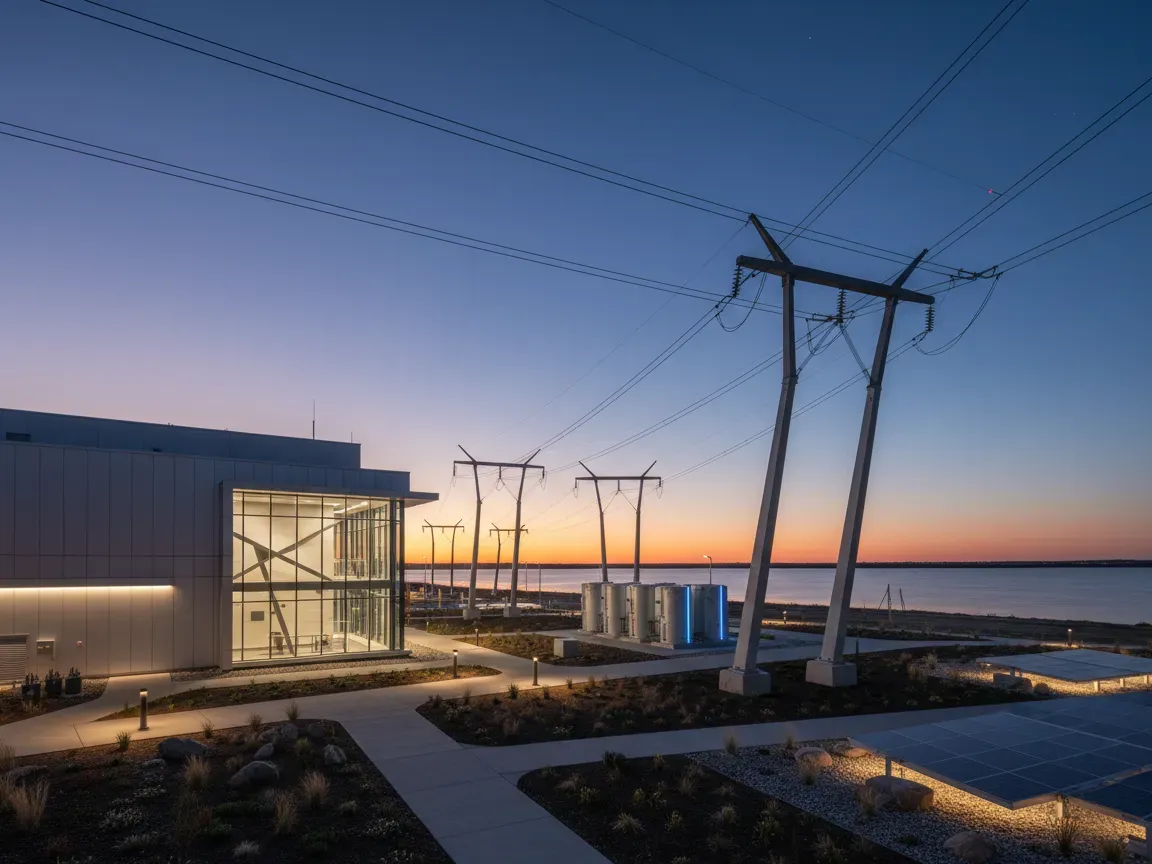 Nowoczesny mały reaktor modułowy o zmierzchu z liniami wysokiego napięcia i infrastrukturą czystej energii.