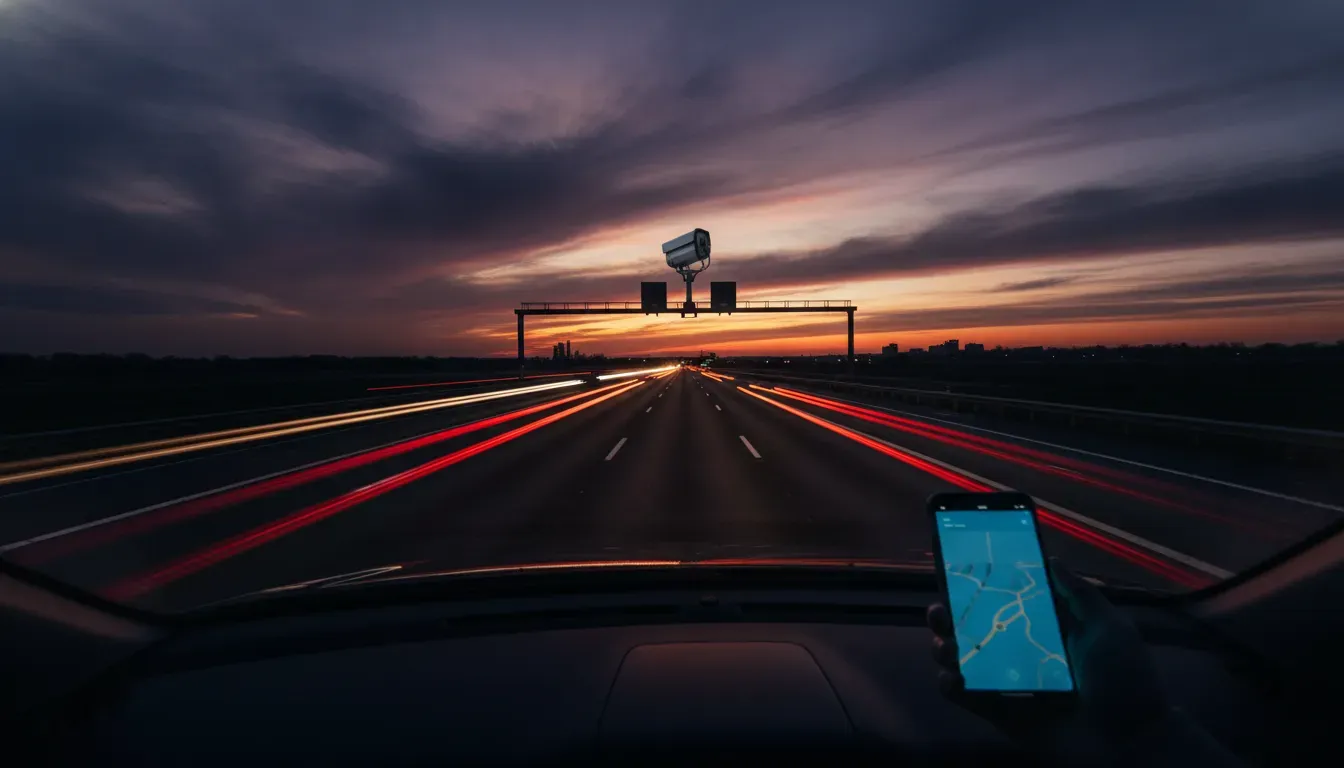 Szeroki kadr autostrady o zmierzchu, dłoń trzymająca smartfon, rozmazany ruch, fotoradar w tle, dramatyczne oświetlenie.
