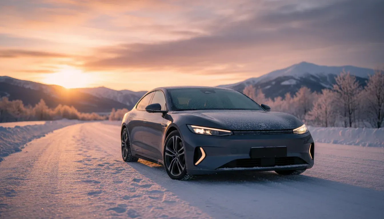 Nowoczesny samochód na ośnieżonym poboczu podczas zimowego zachodu słońca, w tle zaśnieżone góry, ciepłe reflektory.